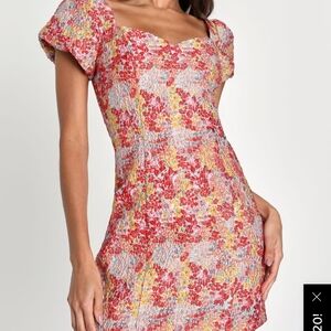Lulus Sweetest Essence Blush Floral Jacquard Puff Sleeve Mini Dress